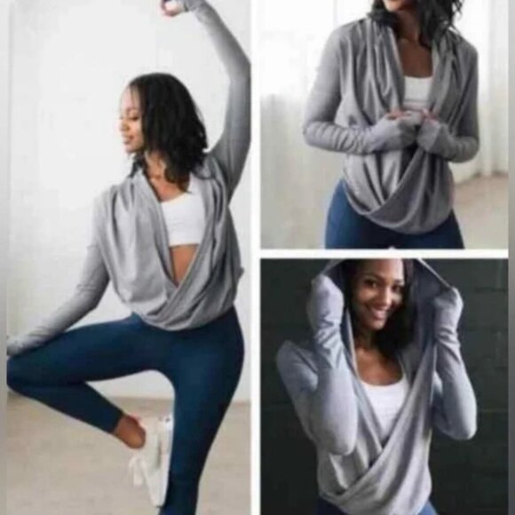 Zyia Active Yoga Shawl S - M Pullover Sweatshirt Hazer Grey Tan - Picture 5 of 8